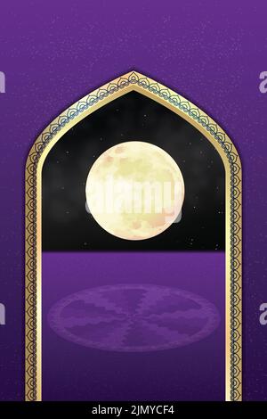 Moon Night Sky Interway voûtée traditionnelle complexe avec Mandala. Illustration du vecteur de ressources graphiques de fond du festival violet. Bannière poster Illustration de Vecteur