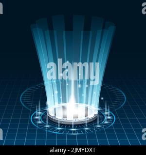 Portail futuriste SKY-fi numérique, cercle science téléport tunnel avec des rayons de lumière et des lueurs, podium, projecteur.Illustration vectorielle, noir et bleu Illustration de Vecteur