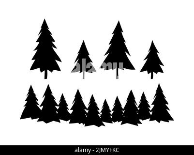 Ensemble silhouette de Larch ou d'épinette, arbre à feuilles persistantes, silhouette noire isolée sur fond blanc. Motif de dessin animé simple et plat. Clip-art de Noël Illustration de Vecteur