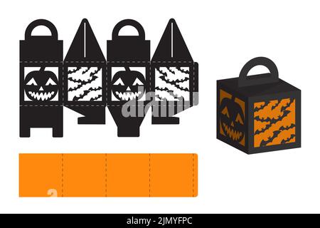 Boîte à friandises Joyeux Halloween. Coffret cadeau de faveur pour bonbons, bonbons, petits cadeaux, boulangerie. Modèle de découpe d'emballage simple pour découpe au laser, grand de Illustration de Vecteur
