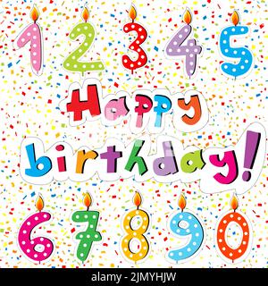 Ensemble de numéros de joyeux anniversaire à partir de bougies sur fond blanc avec confettis colorés Illustration de Vecteur