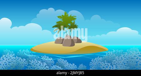 Île tropicale avec palmiers et Coral Reef dans l'océan. Illustration vectorielle Illustration de Vecteur