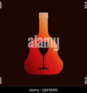 Affiche avec une silhouette de bouteille de cognac français de qualité supérieure et un verre de cognac. Illustration de vecteur d'art plat Illustration de Vecteur