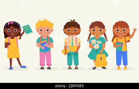 Ensemble d'enfants avec fournitures scolaires. Enfants avec sac à dos et livre. Personnages de dessins animés colorés. Illustration vectorielle plate. Illustration de Vecteur