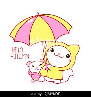 Carte de saison carrée avec chat kawaii et souris. Mignon petits amis - rat blanc et chaton en imperméable et avec un parapluie. Inscription Hello automne. Illustration de Vecteur