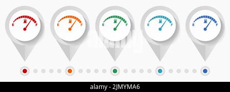 Jauge de carburant, icônes de vecteur de concept de tableau de bord essence de voiture, modèle d'infographie facile à modifier, jeu de pointeurs plats colorés pour la conception Web et mobil Illustration de Vecteur