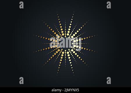 Rayons de soleil en pointillés dorés. Fond Golden Sunburst, logo, effet Halftone brillant, illustration vectorielle isolée sur modèle noir Illustration de Vecteur