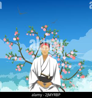 Samouraï méditant dans un jardin de cerises. Illustration vectorielle de style dessin animé Illustration de Vecteur