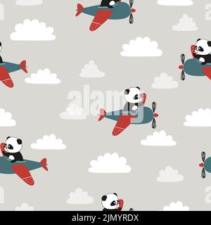 Motif sans couture avec jolis panda ours dans les avions. Imprimé bébé avec pilotes de dessins animés. Illustration de Vecteur