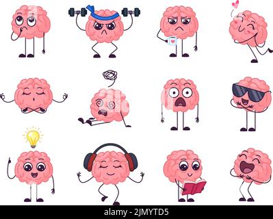 Drôle de cerveau intelligent. Concentration et santé intellectuelle. Caricature cerveau sur-penser et faire de l'exercice, surpris et pense vecteur de garache Illustration de Vecteur