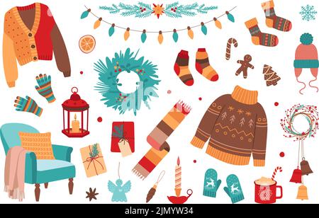 Des éléments de noël en forme de higout. Angel jouet, maison traditionnelle vacances décoration confortable clipart. Boho vintage sapin jouets, boisson chaude et bougie vecteur de classe Illustration de Vecteur