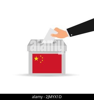 Concept de vote chinois. Mettre du papier à la main dans les urnes. Drapeau de la Chine, illustration vectorielle isolée. Illustration de Vecteur