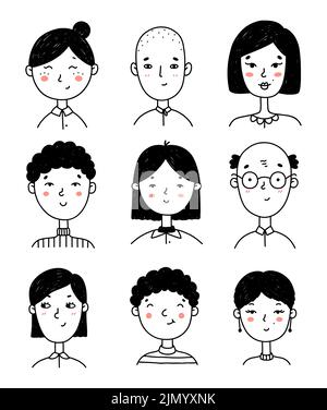 Ensemble de visages de personnes mignons en forme de doodle. Portraits de jeunes filles et de garçons heureux isolés sur fond blanc. Idéal pour les réseaux sociaux, avatars. Illustration de Vecteur