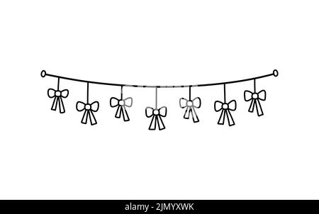 Joli bunting avec des noeuds isolés sur fond blanc. Guirlande festive. Illustration vectorielle dessinée à la main, style doodle. Parfait pour les modèles de vacances Illustration de Vecteur