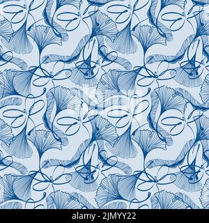 Un motif sans couture de feuilles de ginkgo, d'érable et de libellule en style esquisse. Silhouettes de feuilles et d'insectes sur fond bleu. Palette pastel. Feuilles en t Illustration de Vecteur
