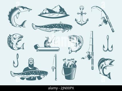 Badges de pêche. Autocollants de l'océan pêche sport mer ou rivière nourriture gros saumon et requin sur crochet de tige vecteur exact images modèles Illustration de Vecteur