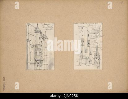 Schmalz Otto (1861-1906), croquis de voyage de l'Autriche, de l'Allemagne et de l'Italie (12.07.1893): Bolzano: Eglise paroissiale (vue du sud), Hall: Immeuble résidentiel (plan d'étage, vue perspective, tour (vue perspective). Crayon sur papier, 21 , 5 x 29,6 cm (y compris les bords de balayage) Schmalz Otto (1861-1906): Reiseskizzen aus Österreich, Deutschland und Italien Banque D'Images