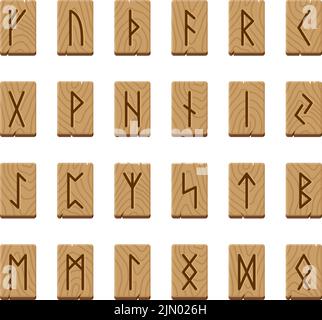 Runes de jeu, pierres sacrées en bois avec des symboles nordiques ethniques. Panneaux de divination, lettres viking runkic. Celtic abc, norwegian Magic comprimés Tidy Vector Illustration de Vecteur