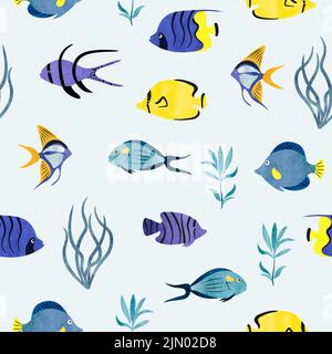 Motif aquarelle de poissons de mer sans couture. Arrière-plan sous-marin. Algues et poissons dessinés à la main Illustration de Vecteur