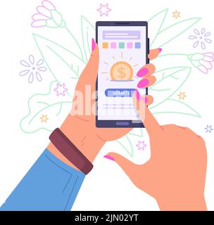 Don en ligne pour smartphone. Téléphone portable et don d'argent appuie sur le bouton sur l'écran mobile application campagne crowdfunding aide dons illustration de vecteur. Smartphone de bienfaisance en ligne Illustration de Vecteur