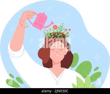 Réflexion positive sur la croissance. Pensée optimiste, femme confiante qui coule fleur dans le cerveau de tête d'auto, accomplissement mental santé mentale état d'esprit de soins, psychologie vecteur illustration de croissance positive optimiste Illustration de Vecteur