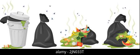 Sac poubelle City. Pourriture des ordures dans le sac de déchets ou les poubelles de la rue, poubelle pleine accumulation de déchets déversoir déverser les aliments sales, trashcan de dessin animé illustration vectorielle de déchets Illustration de Vecteur
