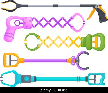 Outil de saisie. Pince de jouet ou griffe de bâton pour ramasser les déchets, robot mécanique bras extensible dispositif de ramassage des déchets, machine de picker grue de câble, illustration de vecteur propre de la grue de jeu de pince Illustration de Vecteur