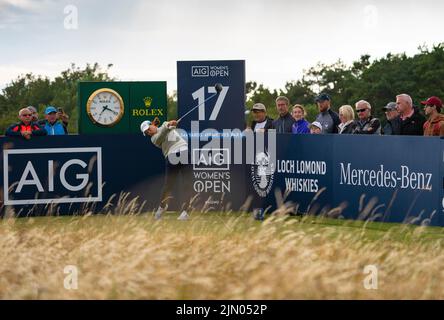Gullane, Écosse, Royaume-Uni. 7th août 2022. Finale du championnat de golf AIG Women’s Open à Muirfield à Gullane, Lothian est. Pic; Hinako Shibuno conduit sur le 17th trou. Iain Masterton/Alay Live News Banque D'Images