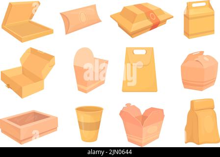 Boîtes à emporter à dessin animé. Sac à emporter boîte à nourriture à usage unique, emballage à emporter livraison papier repas ou emballage carton pour nouilles hamburger pizza rouleau déjeuner, illustration vectorielle soignée Illustration de Vecteur