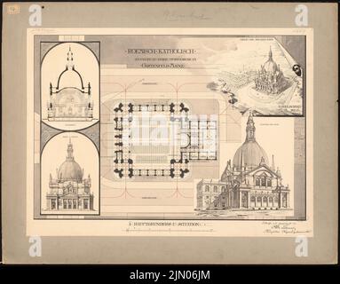 Schmalz Otto (1861-1906), église paroissiale dans le jardin, Mayence (1889-1889): Plan d'étage, vue du nord en perspective, vue d'un oeil d'oiseau, vue de la page principale, coupe transversale. Encre sur papier, 64,5 x 82,3 cm (y compris les bords de numérisation) Schmalz Otto (1861-1906): Pfarrkirche im Gartenfeld, Mayence Banque D'Images