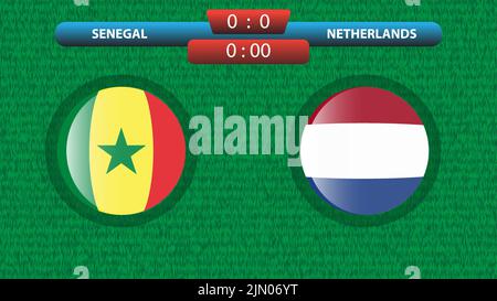 Annonce du match entre le Sénégal et les pays-Bas dans le cadre de la coupe du monde de football au Qatar 2022. Regrouper Une correspondance. Illustration vectorielle. Sport Illustration de Vecteur