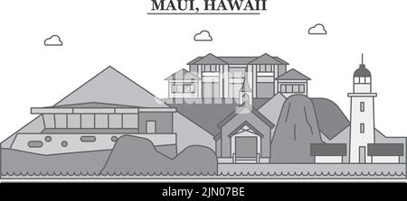 Etats-Unis, vue d'horizon de la ville de Maui illustration vectorielle isolée, icônes Illustration de Vecteur