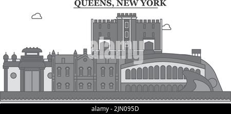 États-Unis, New York Queens ville Skyline illustration vectorielle isolée, icônes Illustration de Vecteur