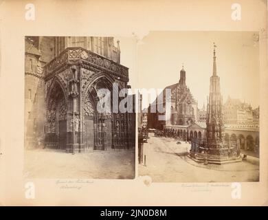 N.N., Frauenkirche, Nuremberg. Marché principal, belle fontaine, Nuremberg : vue sur le portail depuis la Frauenkirche de Nuremberg et vue sur la belle fontaine avec le Krämerhallen et le Frauenkirche au marché principal de Nuremberg. Photo sur carton, 45,6 x 59,3 cm (bord de numérisation inclus). Musée de l'architecture de l'Université technique de Berlin Inv. N° f 9765. N.N. : Frauenkirche, Nuremberg. Hauptmarkt, Schöner Brunnen, Nuremberg Banque D'Images