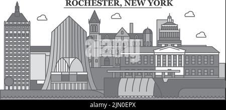 États-Unis, New York Rochester ville Skyline illustration vectorielle isolée, icônes Illustration de Vecteur