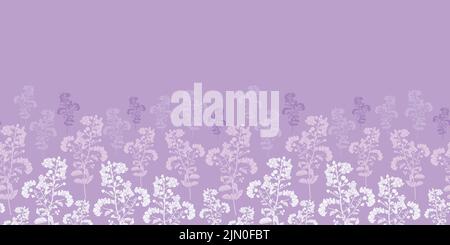 Vecteur violet violet violet fleurs branches arbres silhouettes sans couture horizontale bande bordure motif arrière-plan Illustration de Vecteur