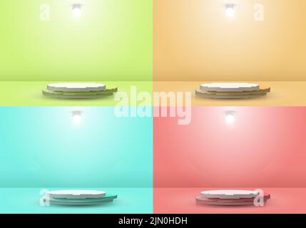 Ensemble de 3D podiums ou piédestal vert, jaune, bleu et rouge réalistes avec lampe circulaire sur fond de cérémonie. Vous pouvez utiliser pour l'affichage du produit Illustration de Vecteur
