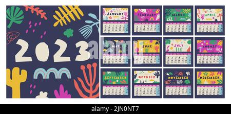 Calendrier pour 2023. La semaine commence le lundi, 12 mois. Calendrier vectoriel multicolore mignon avec dessins de la flore. Illustration de Vecteur