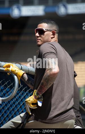 Manny Machado (13 ans), troisième joueur de base des Padres de San Diego, à l'entraînement de frappe avant un match de la Ligue majeure de baseball au Dodger Stadium le dimanche 7 août 2022 à Los Angeles, Calif. Les Dodgers battent les Padres 4-0. (Aliyah Navarro/image du sport) Banque D'Images