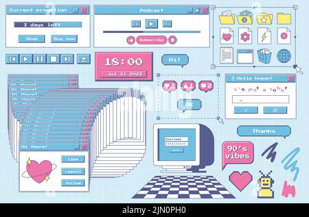 Ensemble d'éléments de conception d'interface utilisateur de style rétro 80s, 90s. L'esthétique de l'ancien ordinateur. Icônes et fenêtres anciennes et nostalgiques. Icônes de dossier, moniteur, Illustration de Vecteur