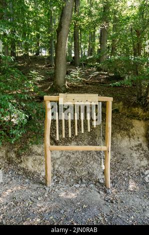 Kleiner Wäller Klangpfad pour les touristes, instrument de musique en bois surdimensionné le long d'un sentier de randonnée à Westerwald, Rhénanie-Palatinat, Allemagne, Europe Banque D'Images