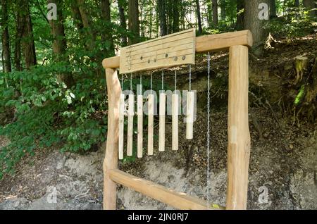 Kleiner Wäller Klangpfad pour les touristes, instrument de musique en bois surdimensionné le long d'un sentier de randonnée à Westerwald, Rhénanie-Palatinat, Allemagne, Europe Banque D'Images