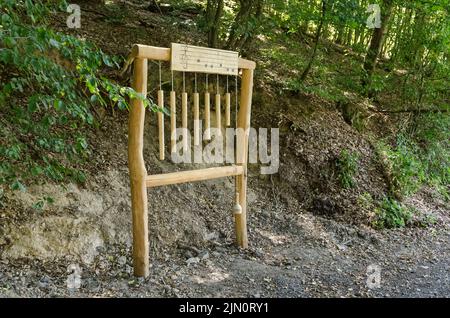 Kleiner Wäller Klangpfad pour les touristes, instrument de musique en bois surdimensionné le long d'un sentier de randonnée à Westerwald, Rhénanie-Palatinat, Allemagne, Europe Banque D'Images