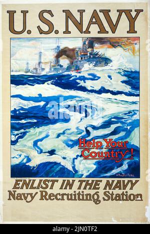 U.S. Navy – aidez votre pays! Enlist in the Navy, Navy Recruiting Station (1917) affiche de l'époque de la première Guerre mondiale américaine par Henry Reuterdahl Banque D'Images