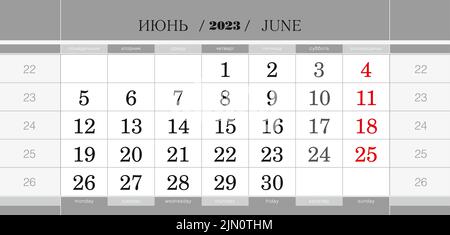 Calendrier trimestriel bloc pour 2023 ans, juin 2023. Calendrier mural, anglais et russe. La semaine commence le lundi. Illustration vectorielle. Illustration de Vecteur