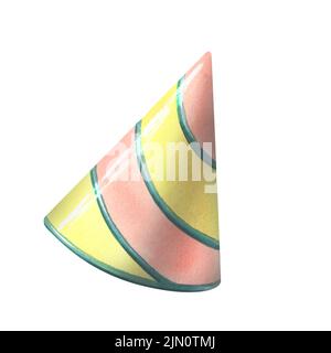 Casquette en papier de fête sur la tête rose et jaune. Illustration aquarelle. Objet isolé d'un grand ensemble DE Joyeux anniversaire. Pour la décoration, le design Banque D'Images