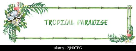Cadre horizontal avec feuilles tropicales, tiges de bambou, flamants roses, fleurs de plumeria et noix de coco. Illustration aquarelle. Pour la conception et Banque D'Images