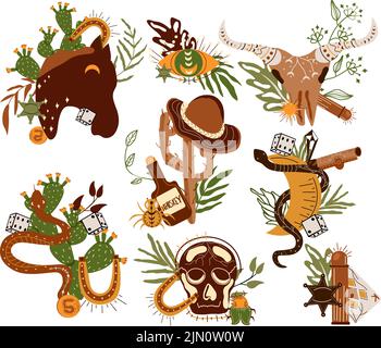 Set Wild West composition avec chapeau de cow-boy, cartes à jouer, un crâne d'animal, un serpent mystique, dés, pistolet et autre. Plus loin dans le Vieux Ouest dans un style plat. Illustration vectorielle. Illustration de Vecteur