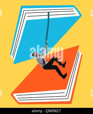 Jeune homme d'affaires escalade corde d'un livre à l'autre sur fond jaune. Œuvres d'art contemporaines. Concept de l'étude, de la lecture, de la culture, de l'art Banque D'Images