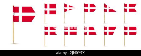 Drapeau de cure-dent danois isolé sur bâton de bois avec papier blanc. Petit choix de dents réaliste pour le déjeuner. Décoration de cocktail Vector Illustration de Vecteur